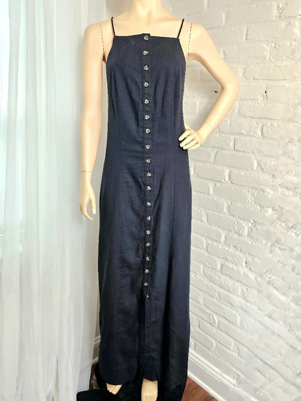 NWT Free People Black Linen Cotton Button Front Maxi Dress Size L Open Back Smoc
